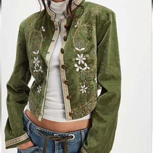 FREE PEOPLE Abby Band Jacket Green Velvet Embroidered Embellished RARE